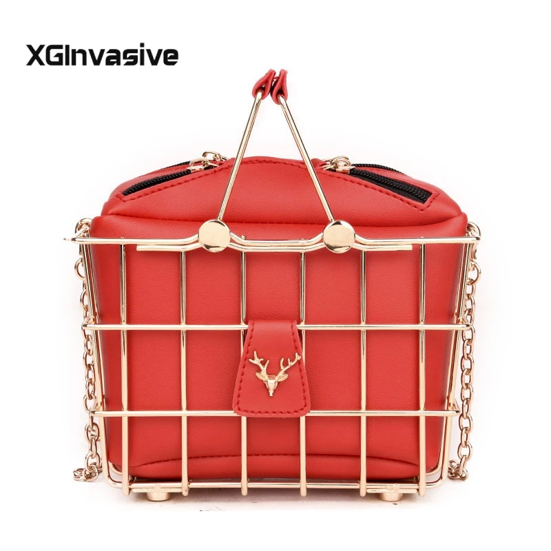 

2019 New Fashion Designer Women Handbags High-quality PU Leather Women bag Iron Basket Square bag Chain Shoulder Messenger Bag