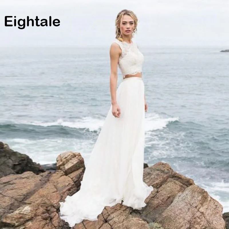 Eightale Beach Wedding Dress 2019 Two Piece A Line Chiffon Lace