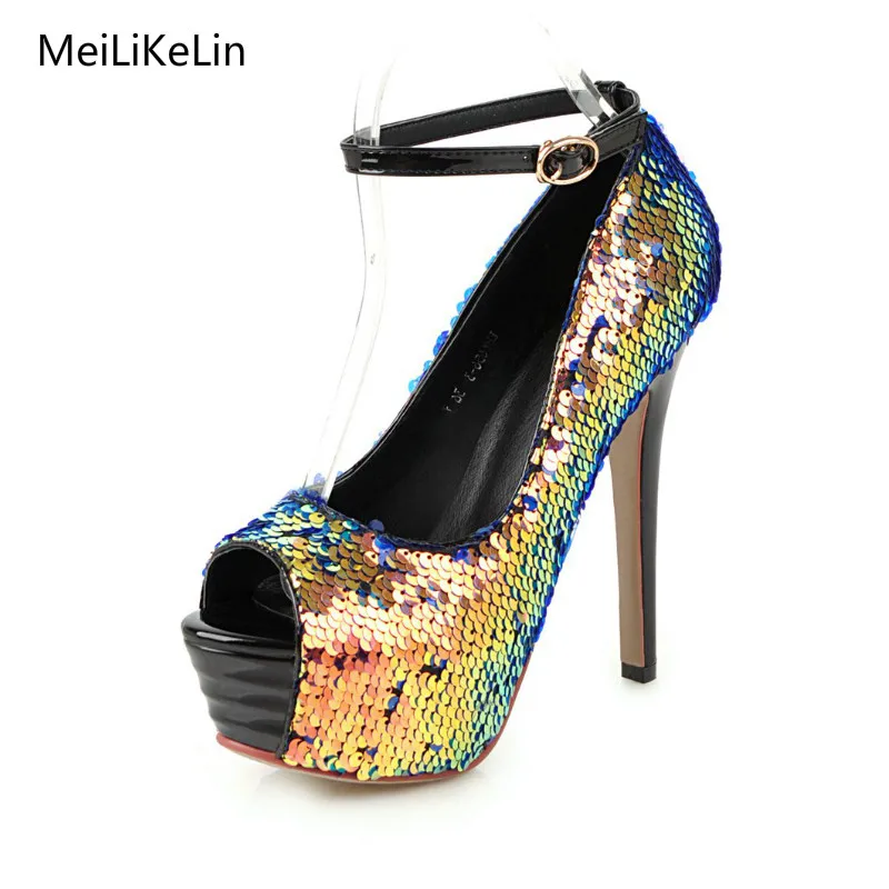 

MeiLiKeLin Brand Sequin High Heels Peep Toe Shoes Woman Pumps Ankle Strap Superstar Banquet Stage Shoes Bling Bling 13cm Heels