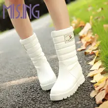 Big size New fashion women boots Slip-On Mid-Calf flats shoes Round Toe winter Snow Boots Solid Plush Soft Leather shoes woman
