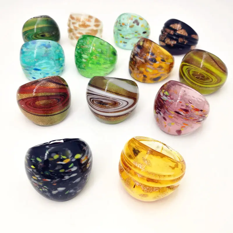 

13 PCS randomly mixed with coloured glaze rings Murano hot gold foil color ring more 17-19 mm