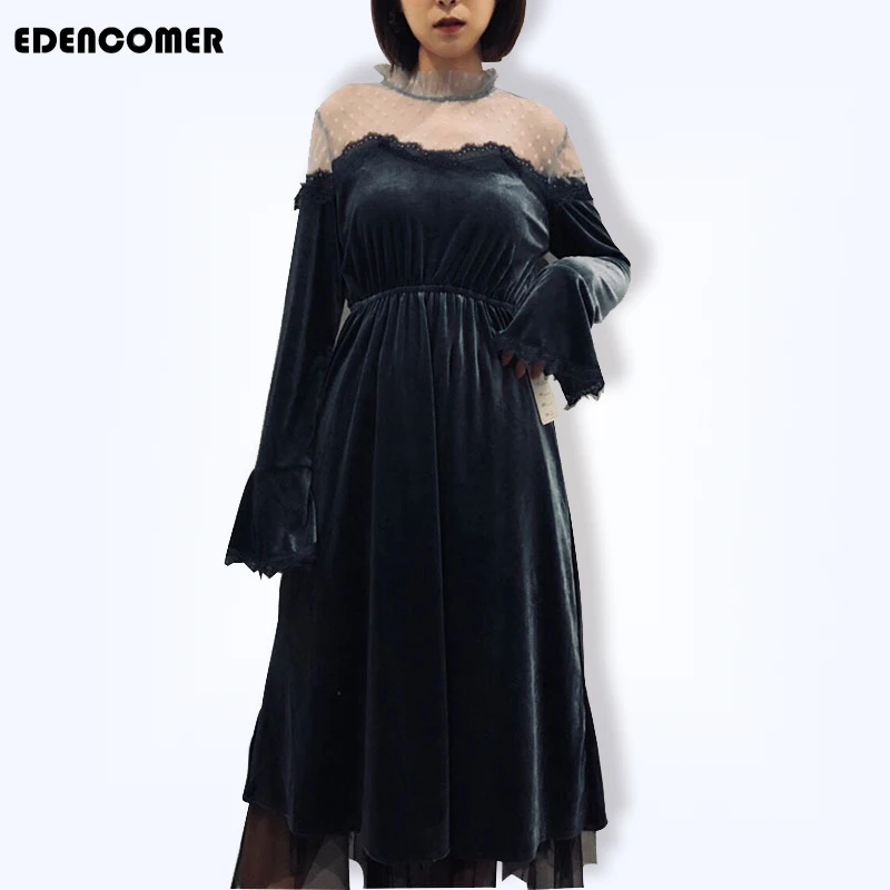 

EDENCOMER Spring Dresses 2019 Long Sleeve Sexy Party Dress Korean Velvet Pure Color Shoulder-length Dress Women Clothing
