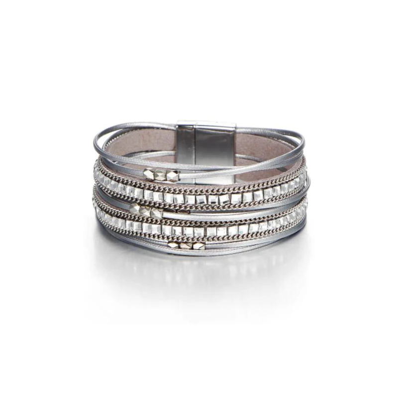

Fashion Multilayer Leather Bracelets for Women Magnet Clasp Crystal Bohemian Double Wrap Charm Bracelet Jewelry Magnet Clasp