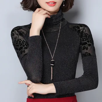 

Spring Autumn Women Fashion Slim Lace Patchwork Turtleneck Black Plus Size Under Shirts Female Wholesale Elegant T Shirt S-5XL