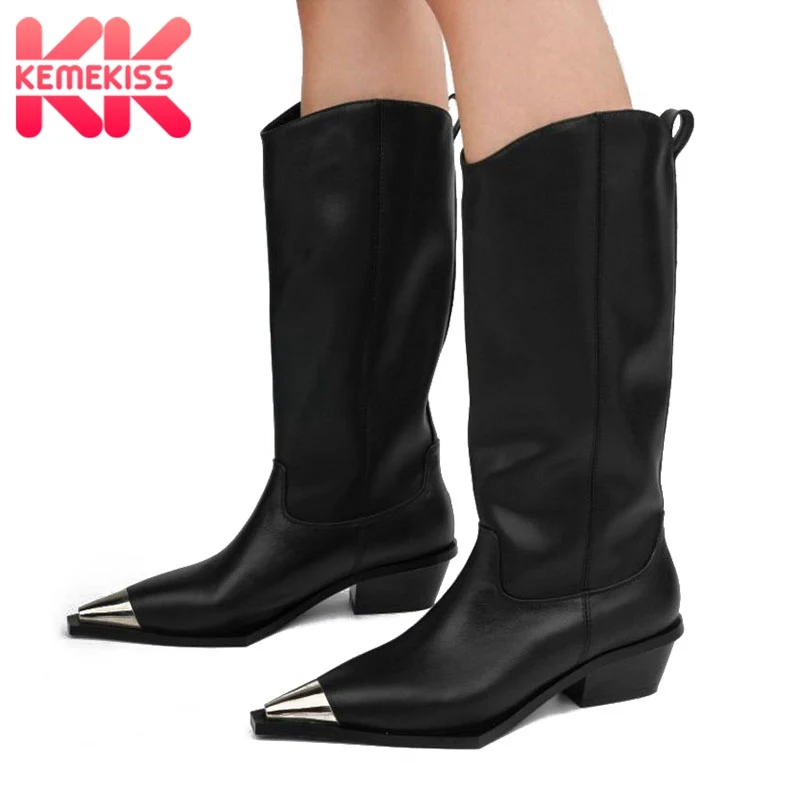

KemeKiss Women Winter Half Short Boots Real Leather Metal Pointed Toe Ladies Shoes Fashion Vintage Woman Boots Size 34-43