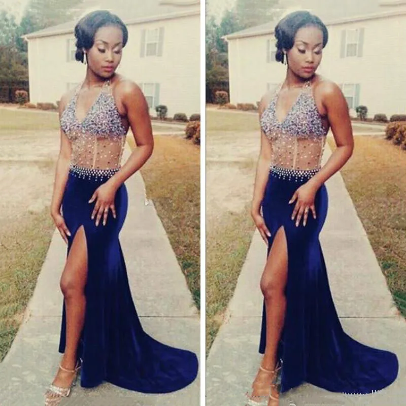 

Amazing Sexy Split Prom Gown Royal Blue Floor Length Halter Top See Through Sheer Velvet Chapel Train Wedding Party Dress