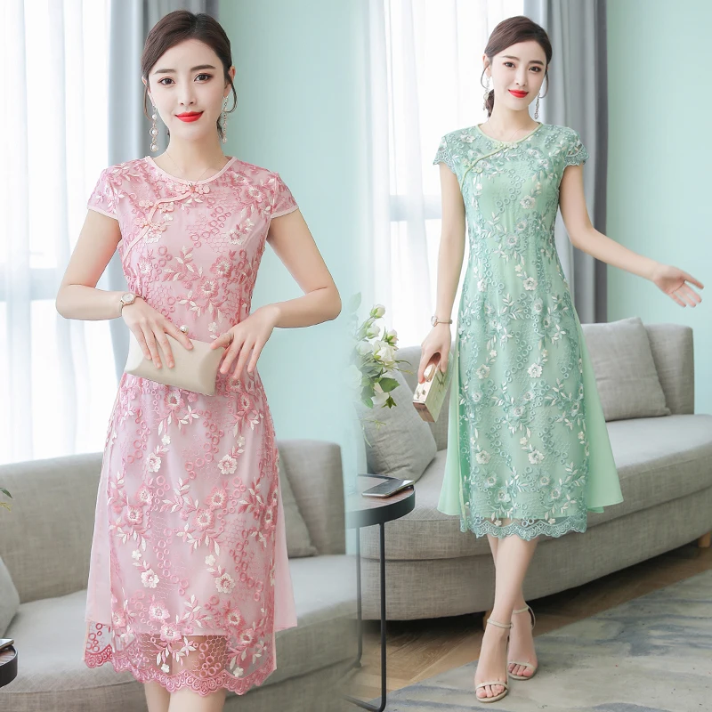 Вышитое этническое кружевное платье cheongsam Aodai для женщин