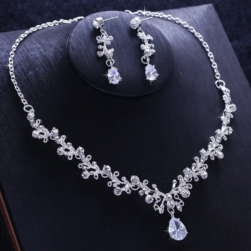 Роскошные женские свадебные ювелирные комплекты для невест, корона, ожерелье, Набор Тиара, аксессуары для невесты, свадебные серьги с кубическим цирконием и кристаллами - Окраска металла: Necklace Earing Clip