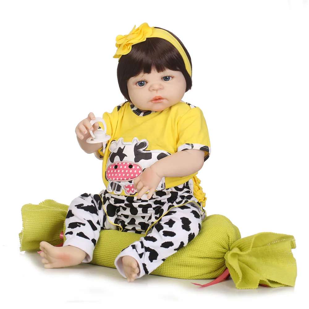 

Reborn baby girl dolls 23" full silicone reborn baby dolls with yellow cow clothing soft pillow bebe realistic reborn bonecas