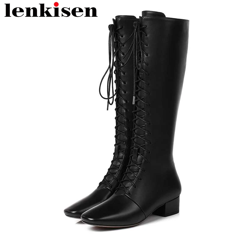 

Lenkisen luxury british style big size square toe med heels zip natural leather cross-tied young lady women knee-high boots L6f6