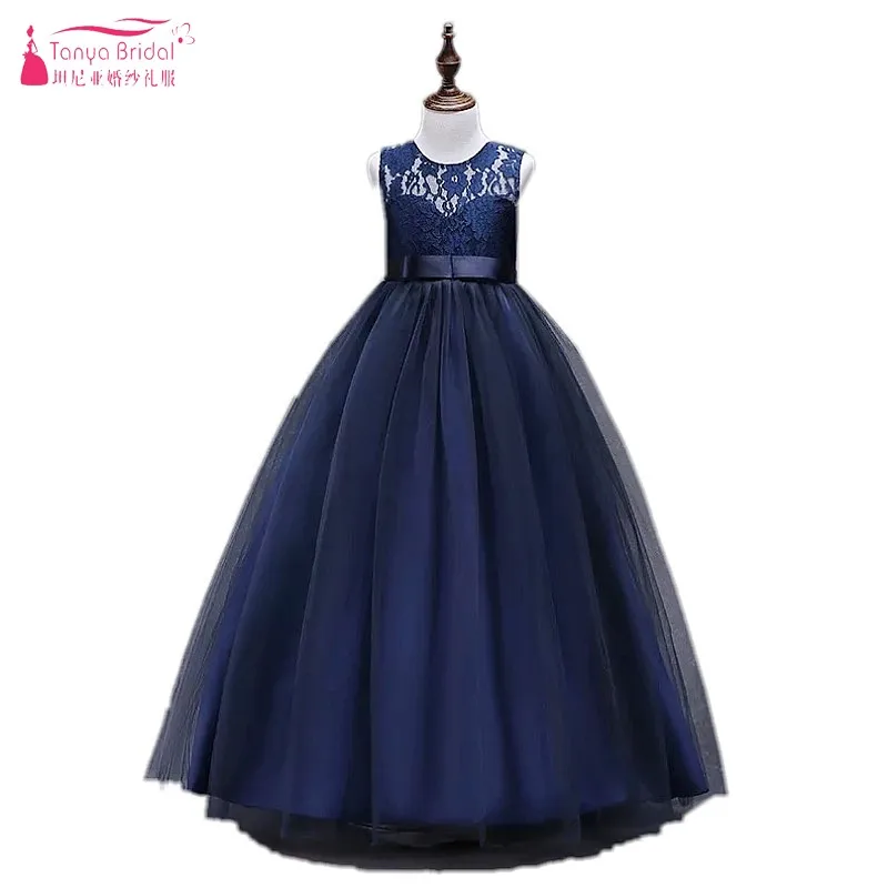 Navy Blue Floor Length Flower Girl Dresses For Weddings Lace Pageant