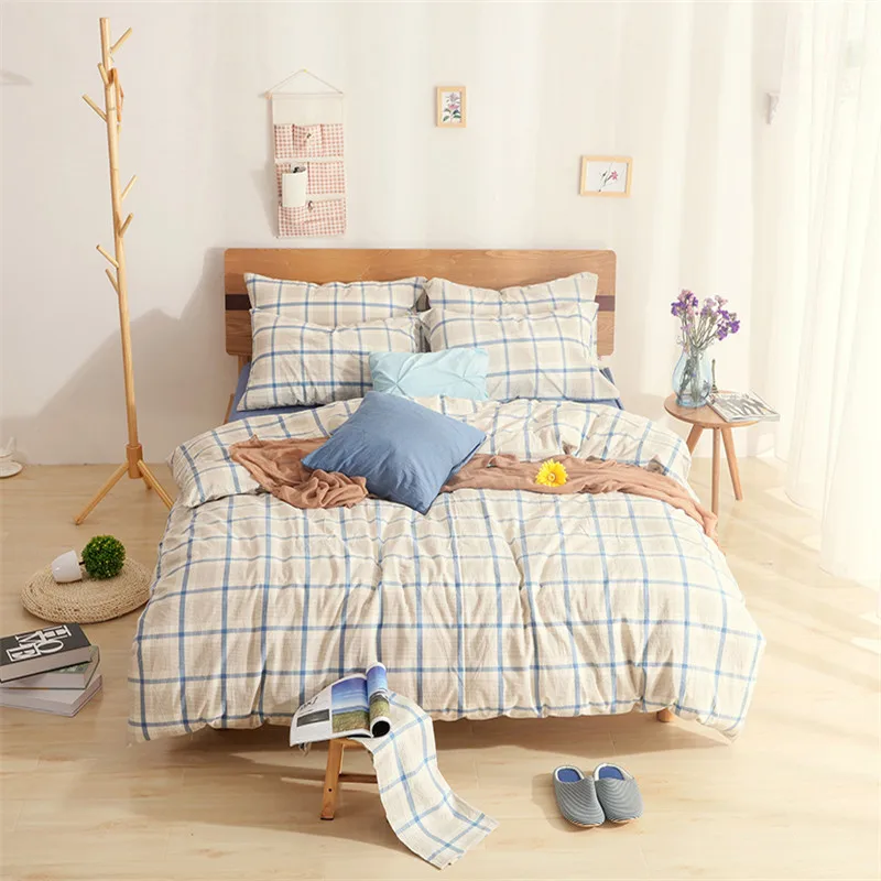 

4Pcs duvet cover bed sheet pillowcases 100% cotton In the blue color grid super comfortable soft king super king size bedding