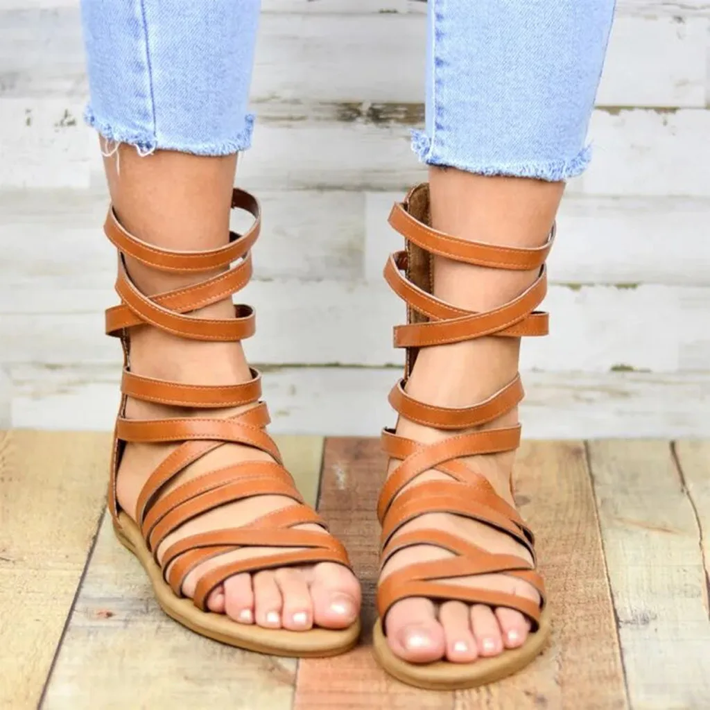 YOUYEDIAN gladiator sandals women Retro Flats Open Toe Zipper Beach Shoes Roman Sandals platform ladies sandals shoes #3.5