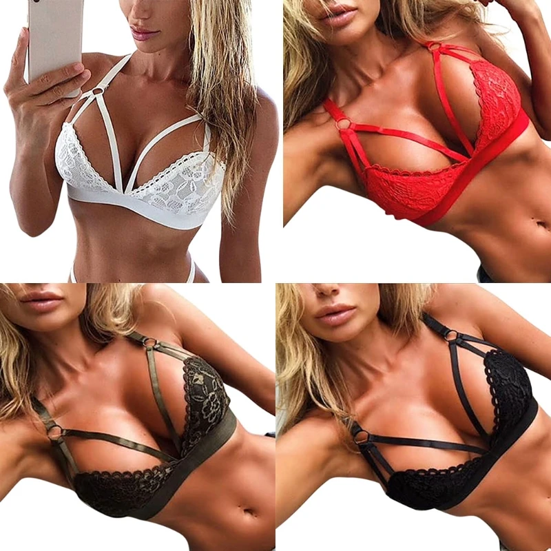 Womens Sexy Bralette Lace Lingerie Deep V Sling Hollow Bra Underwear Plus Size