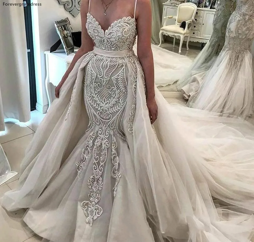 Gorgeous Detachable Train Wedding Dresses Mermaid Sexy Spaghetti Straps Removable Tulle Skirts Applique Bridal Gowns Formal  195