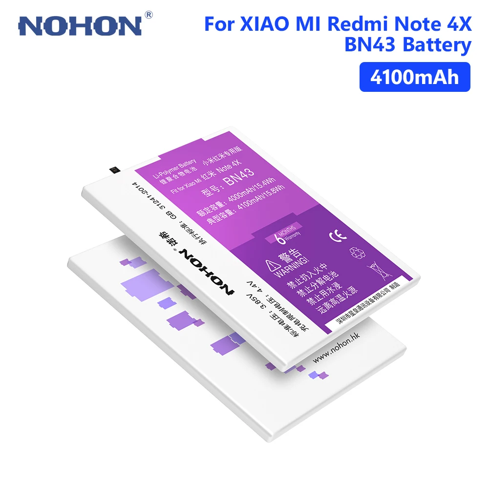 

NOHON BN43 Battery For Xiaomi Redmi Note 4X Snapdragon 625 4100mAh Lithium Rechargeable Phone Bateria Free Tools Retail Package