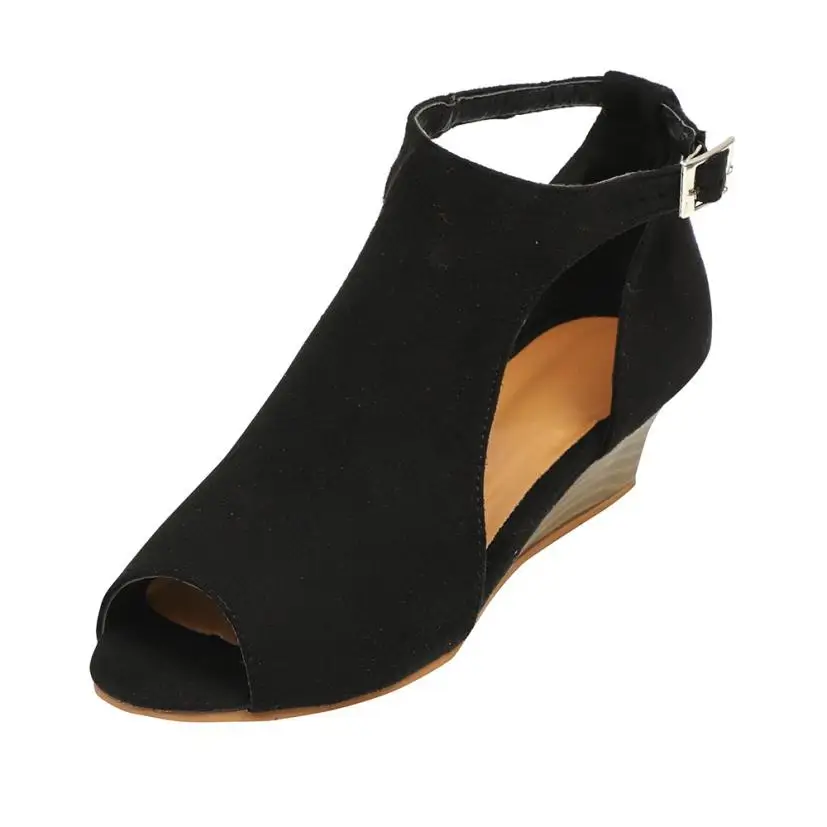 

Sandals Women's Shoes Platform Wedge Ankle Strap Peep Toe High Heel Flock Sandals Shoes Ladies Female sandalias zapatos mujer A6