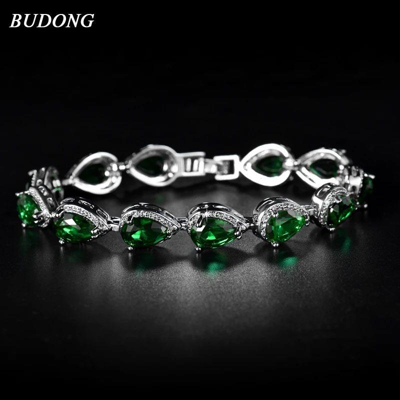 

BUDONG Luxury Women Bracelet Green/Red/Blue/Multicolored Teardrop Crystal CZ Silver/Gold-Color Bangle Jewelry XUL174