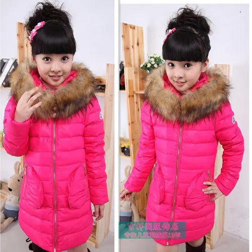 Новая зимняя одежда для маленьких девочек, детская теплая Длинная Верхняя одежда с мехом, детский спортивный пуховик с капюшоном, пальто для девочек - Цвет: rose red