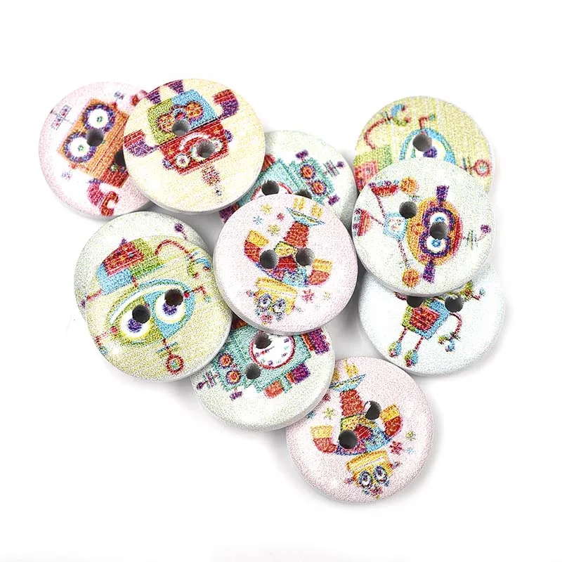 50Pcs 2 Holes Princess Cat Heart Robot Printed Wooden Button Round 15mm Decorative Wood Buttons For Clothing Sewing Decoration