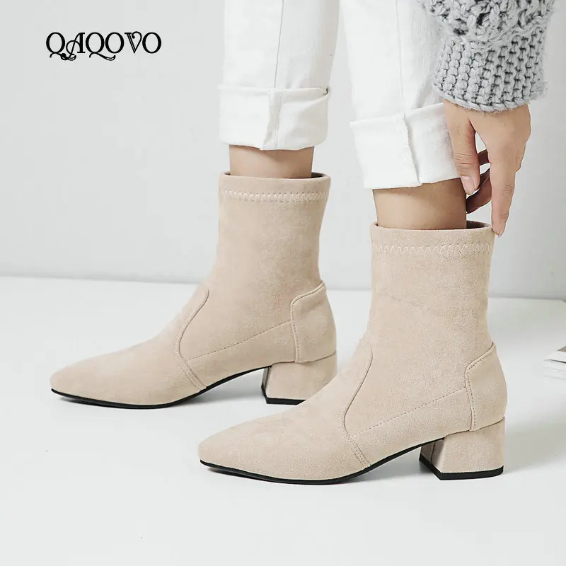 

2019 New Stretch Flock Ankle Boots Women Fashion Winter Booties Thick Low Heels Boots Slip On Casual Shoes Ladies Big Size 34-43