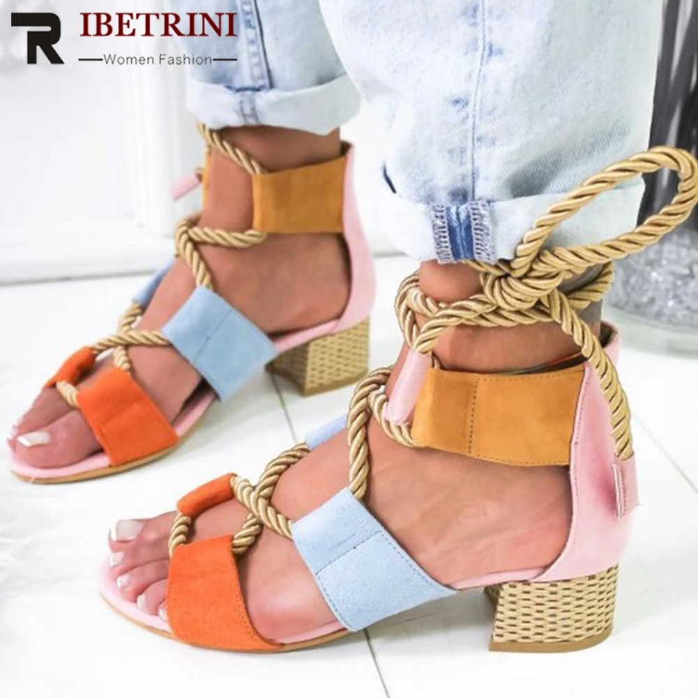 

RIBETRINI INS Style Ankle-wrap Colorful Chunky Heels Summer Party Shoes Woman Sandals Leisure Big Size 35-43 Gladiator Sandals