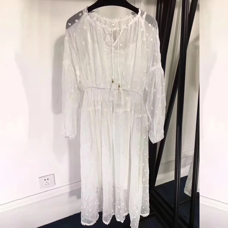 2019 Grandes Blanc White Imprimées De Printemps Longues Élégantes Avec Robe Manches Col Long Robes Luxe cou Femmes Tailles Marque À O w4FqpI1