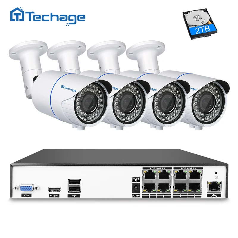 Techage H.265 8CH 4MP POE NVR CCTV Системы 2 8 мм 12 варифокальный зум объектив ip камера