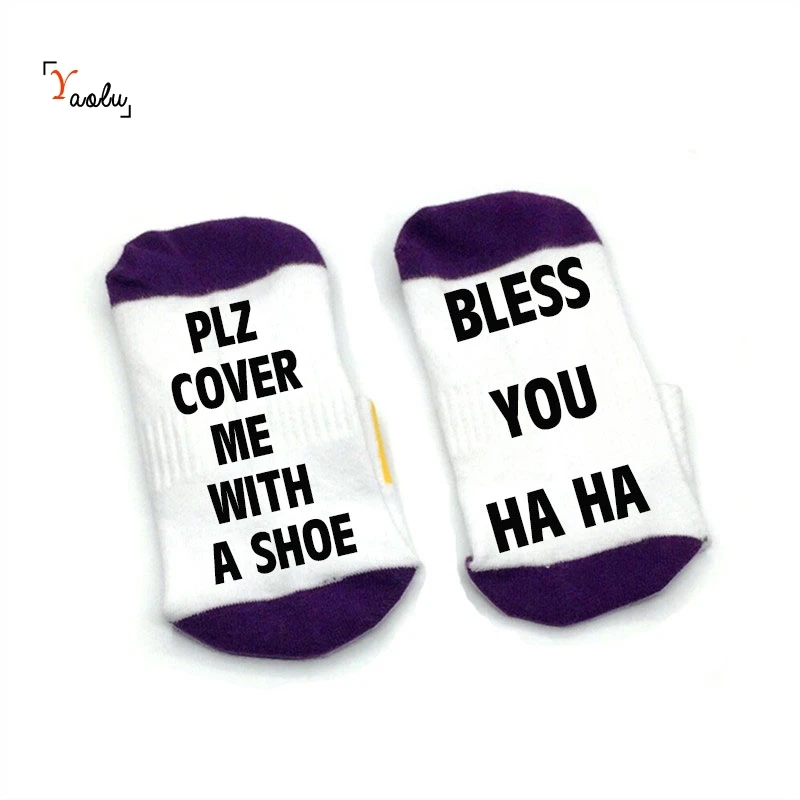 White purple Plz накройте меня обувью bless you ha носки хлопковые носки унисекс тапочки носки по щиколотку забавные цитаты - Цвет: White purple