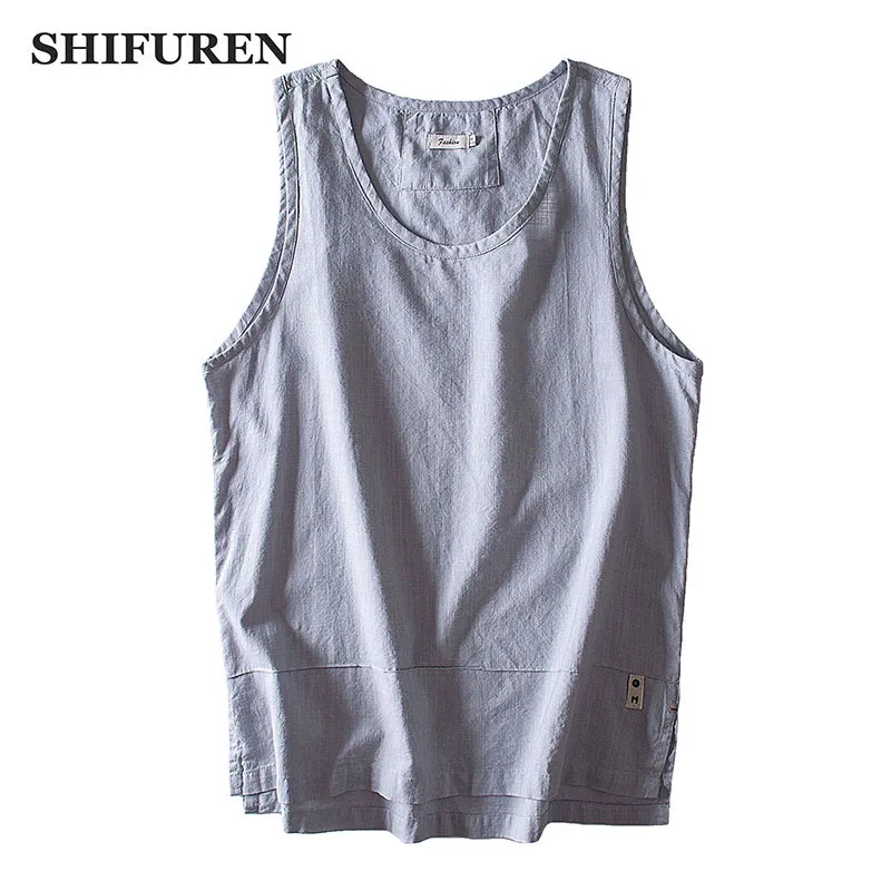 Shifuren New Summer Men Cotton Linen Tank Tops Thin Breathable Sleeveless Shirts Male Causal