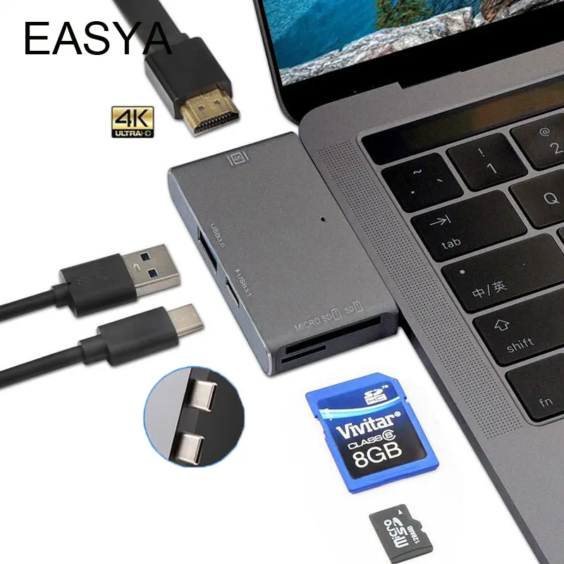 

EASYA Dual USB C Hub to HDMI 4K Thunderbolt 3 Adapter with Type-C PD TF SD Reader Slot Hub 3.0 for MacBook Pro/Air 2018