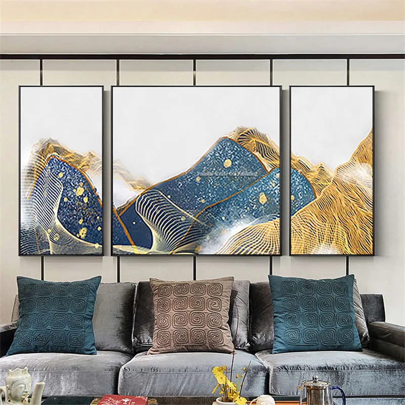 3 pieces abstract blue gold mountain painting on Canvas acrylic painting Wall art Pictures for living room quadros caudros decor
