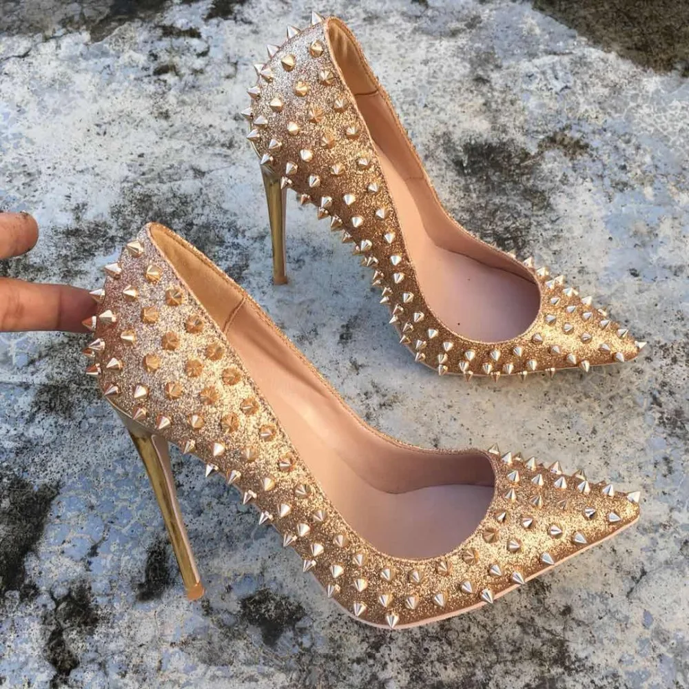 

KeshangjiaGlitter Spikes Rivets Studded Silver Gold High Heels shoes woman 2018 large size 34-45 stiletto shoes