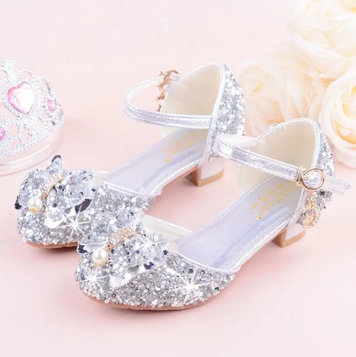 

Girls Sandals Rhinestone Butterfly pink Latin dance shoes 5-13 years old 6 children summer high Heel Princess shoes kids