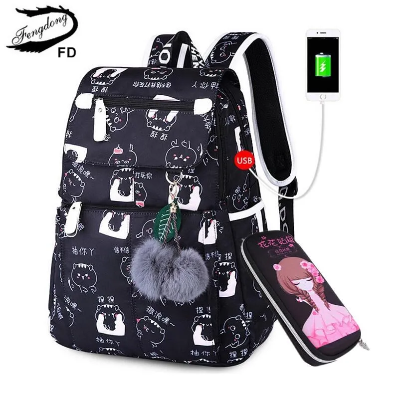 Детский Школьный рюкзак FengDong черного и розового цветов, детские школьные сумки для девочек, Студенческая милая сумка-карандаш, набор, Прямая поставка - Цвет: cat