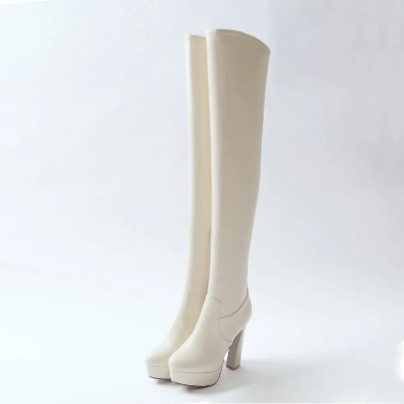 

Elegant Lady Autumn Shoe Square High Heel Platform Round Toe Woman Over The Knee Boot White Female Motorcycle Shoe Size 34-43