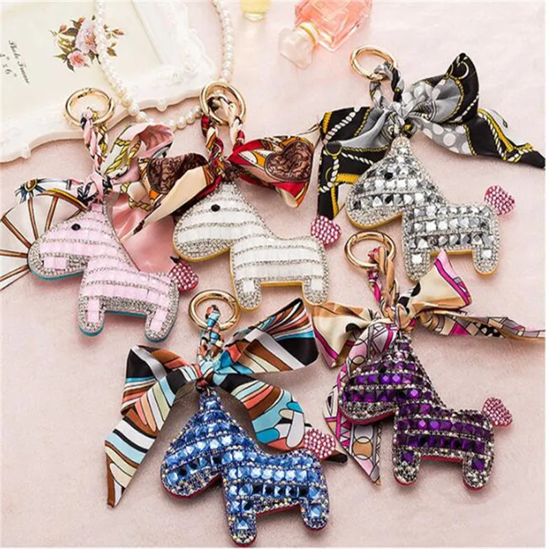 

Cute Women's Bag Car Pendant High-end Handmade Scarf Leather Handbag Key Chains Tassel Rodeo Crystal Horse Bag Charm B028