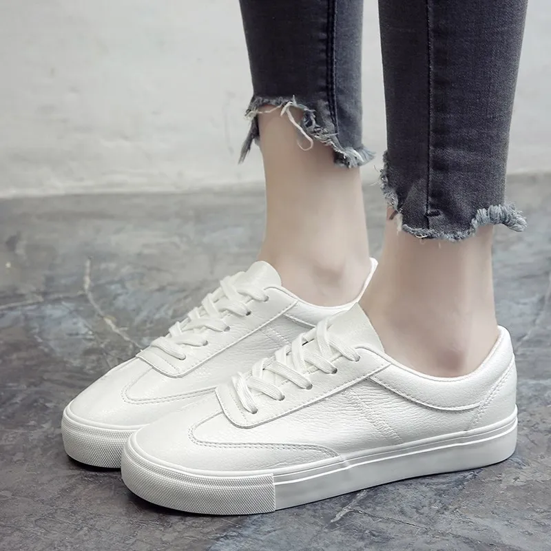 

NIS Women White Casual Flats Shoes Microfiber Leather Round Toe Women Black White Ladies Lace-up Flat Shoes Spring and Summer