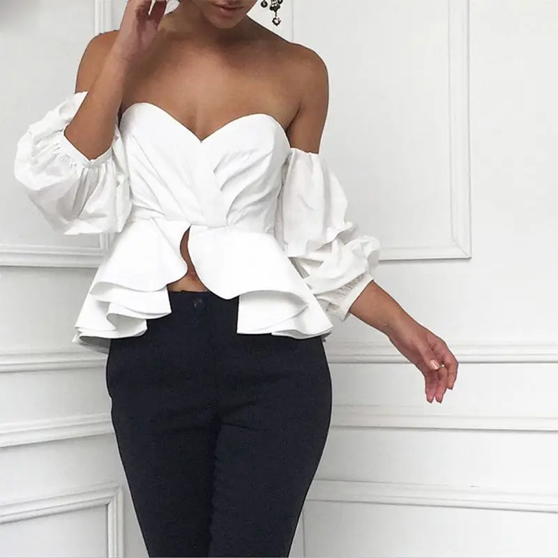 

Off Shoulder women Tops Blouse Shirts Strapless Backless Puff Sleeve Ruffles Peplum Sexy Women Clothes Korean Style