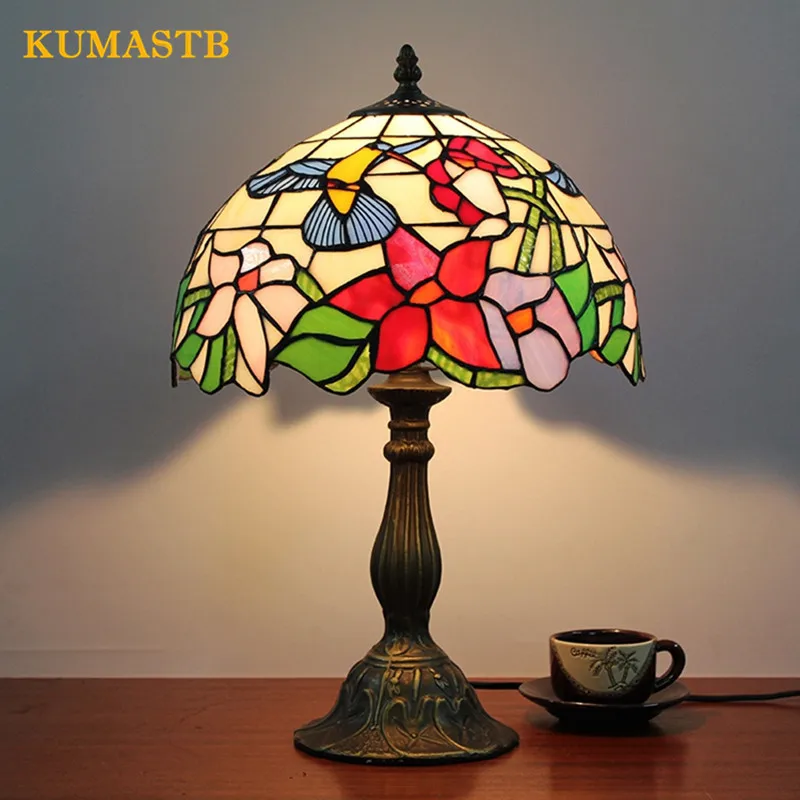 12 Inch Stained Glass Table Lamps Bar Art Colored Glass Flower Pattern