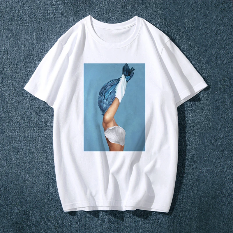 

Sexy Feather Print Short Sleeve Tops T Shirt Women 2019 New Queen Harajuku Aesthetic Vogue T-shirt Summer Leisure Clothes TShirt