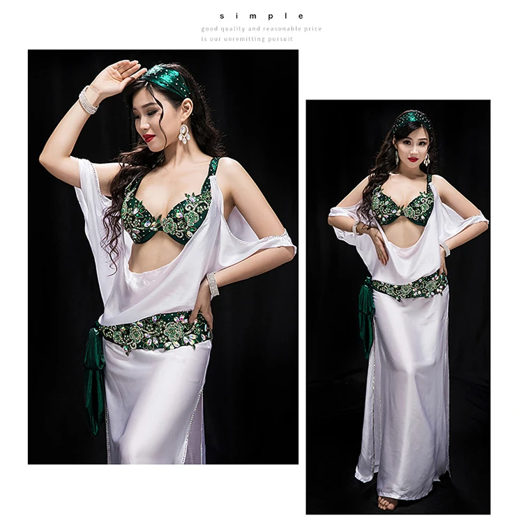 New high grade Professional Performance Dancewear bra+dress+belt+headscarf+shorts 5pcs Outfit Women Bellydance Costume YC040