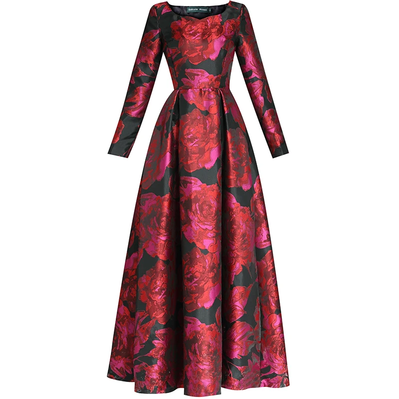 

2019 New Fashion Spring Women's Square Collar Long-sleeved Jacquard Flower Long Dress Female Retro Maxi A-line Formal Dresses