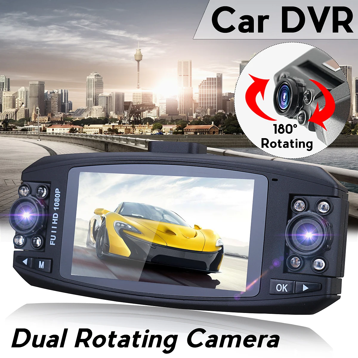 

HD 2.7'' 1080P Dual Lens Vehicle Auto Car DVR Camera Rotating Dash Cam Video Recorder Camera Mirror G Sensor Camcorder