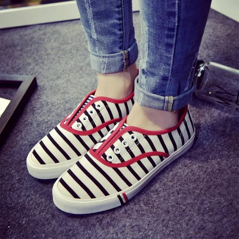 

2016 Summer stripe canvas shoes female Korean slip-on thick soled casual shoes woman breathable zapatos mujer