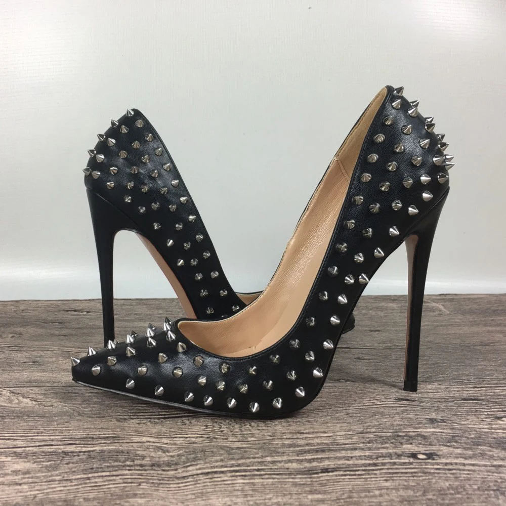 

New women's black high-heeled rivet shoes exclusive patent brand PU leather Ms. 10cm 12cm female high heels