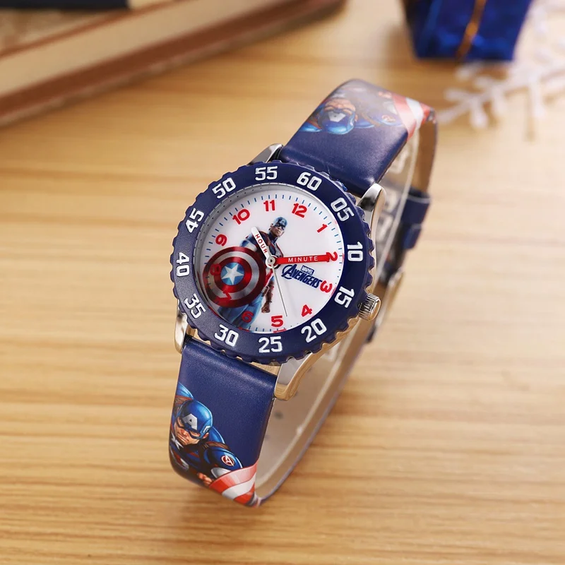 MARVEL Avengers Blue Captain America Black Iron Man Children PU Band Quartz Waterproof Digital Show Watches 4