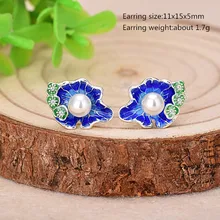 925 серебряные маленькие серьги в виде цветка для женщин, синие и зеленые эмалированные листья лотоса, жгучие синие жемчужные серьги для женщин, ювелирные изделия из эмали
