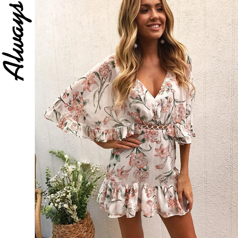 

Alwayss Vintage bohemian floral print women dress Sexy hollow out ruffled v-neck summer dress A-line high waist short mini dress