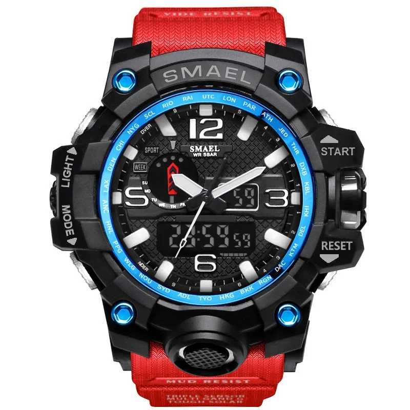 SMAEL Брендовые мужские спортивные часы, двойной дисплей, аналоговый цифровой светодиодный, электронные кварцевые наручные часы, водонепроницаемые, для плавания, военные часы - Цвет: 1545 Red Blue